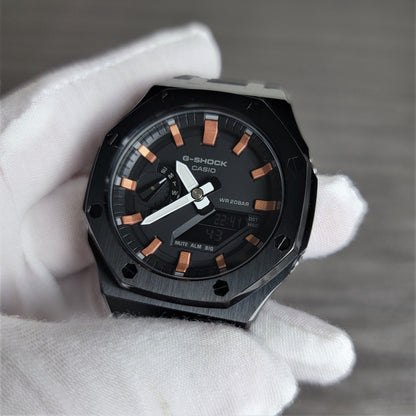 Casioak Mod Watch Black Case Black Rubber Strap Black Rose Gold Time Mark Black Dial 44mm- Casioak Mod Casio G-Shock Royal Oak Custom Mens Luxury Watches Ga2100