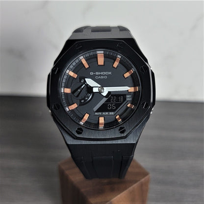 Casioak Mod Watch Black Case Black Rubber Strap Black Rose Gold Time Mark Black Dial 44mm- Casioak Mod Casio G-Shock Royal Oak Custom Mens Luxury Watches Ga2100