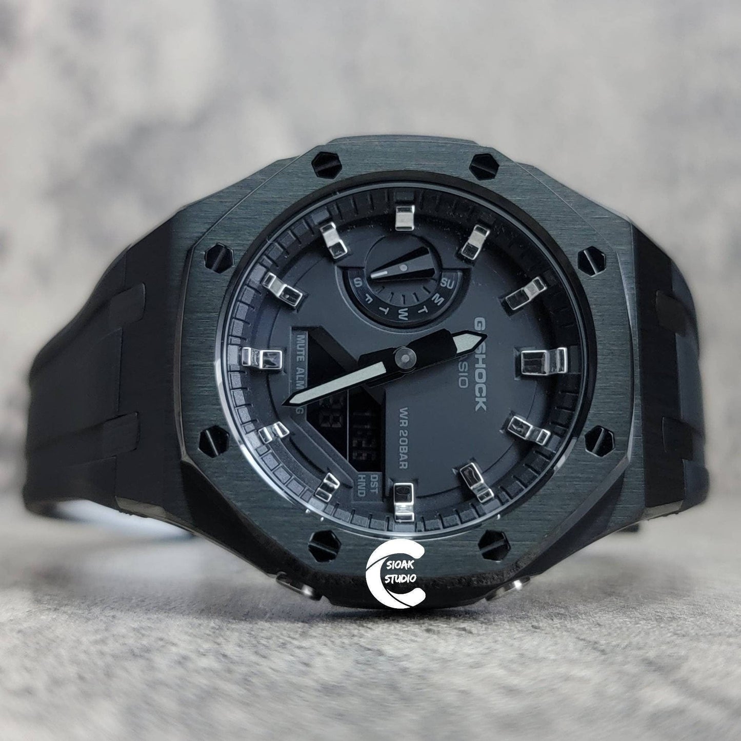 Casioak Mod Watch Black Case Black Rubber Strap Black Silver Time Mark Black Dial 44mm- Casioak Mod Casio G-Shock Royal Oak Custom Mens Luxury Watches Ga2100