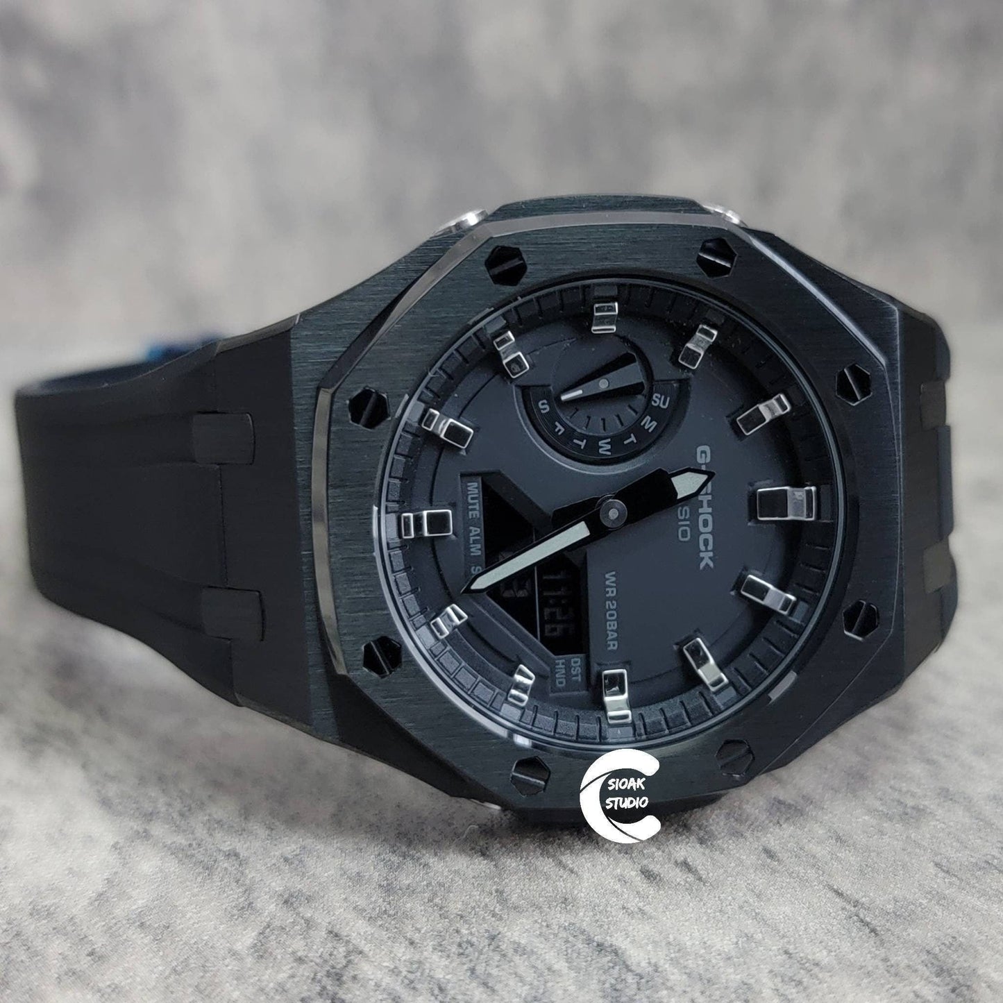 Casioak Mod Watch Black Case Black Rubber Strap Black Silver Time Mark Black Dial 44mm- Casioak Mod Casio G-Shock Royal Oak Custom Mens Luxury Watches Ga2100