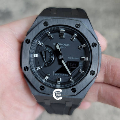 Casioak Mod Watch Black Case Black Rubber Strap Black Silver Time Mark Black Dial 44mm- Casioak Mod Casio G-Shock Royal Oak Custom Mens Luxury Watches Ga2100