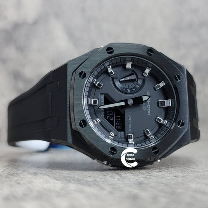 Casioak Mod Watch Black Case Black Rubber Strap Black Silver Time Mark Black Dial 44mm- Casioak Mod Casio G-Shock Royal Oak Custom Mens Luxury Watches Ga2100