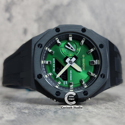 Casioak Mod Watch Black Case Black Rubber Strap Black Silver Time Mark Green Dial 44mm- Casioak Mod Casio G-Shock Royal Oak Custom Mens Luxury Watches Ga2100