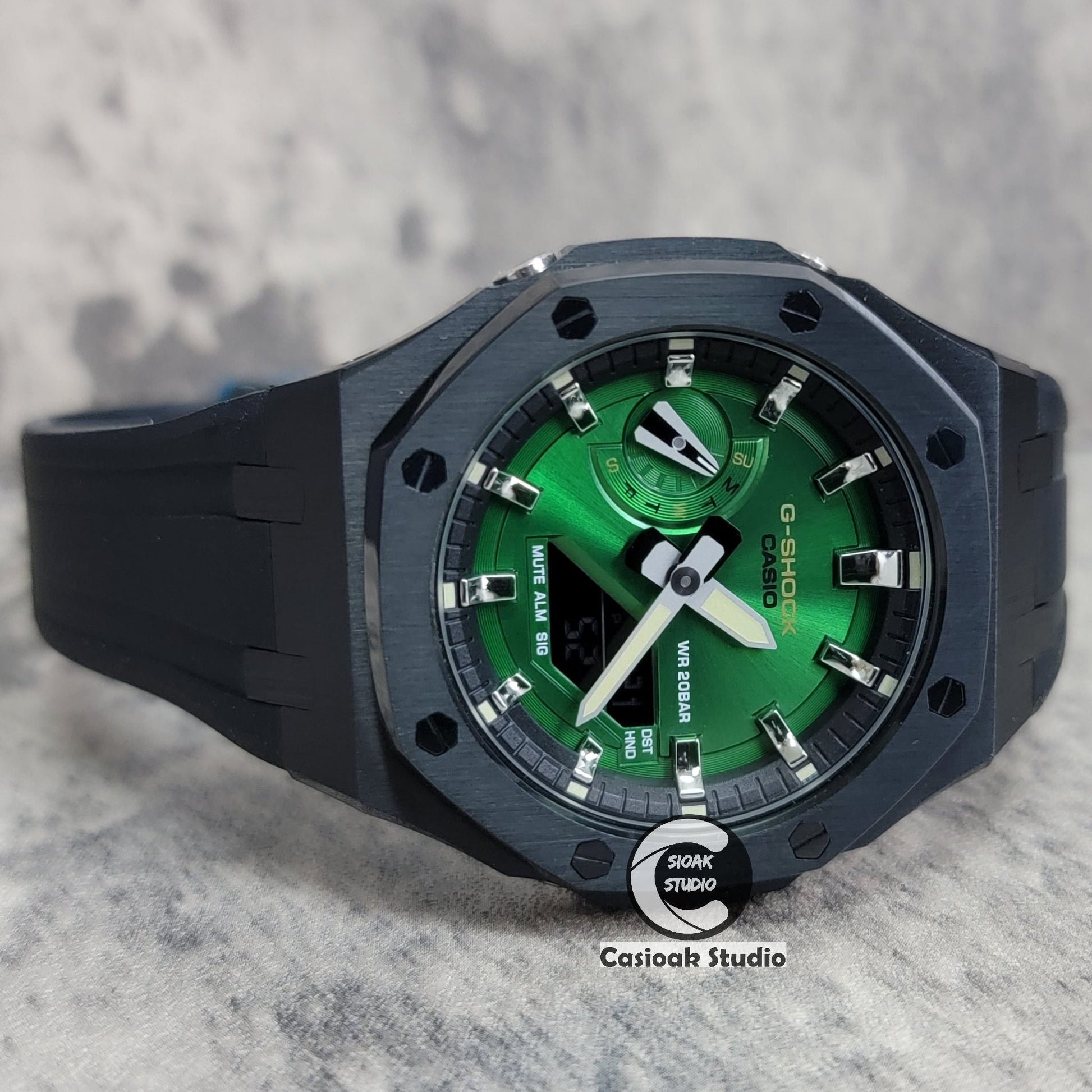 Casioak Mod Watch Black Case Black Rubber Strap Black Silver Time Mark Green Dial 44mm- Casioak Mod Casio G-Shock Royal Oak Custom Mens Luxury Watches Ga2100