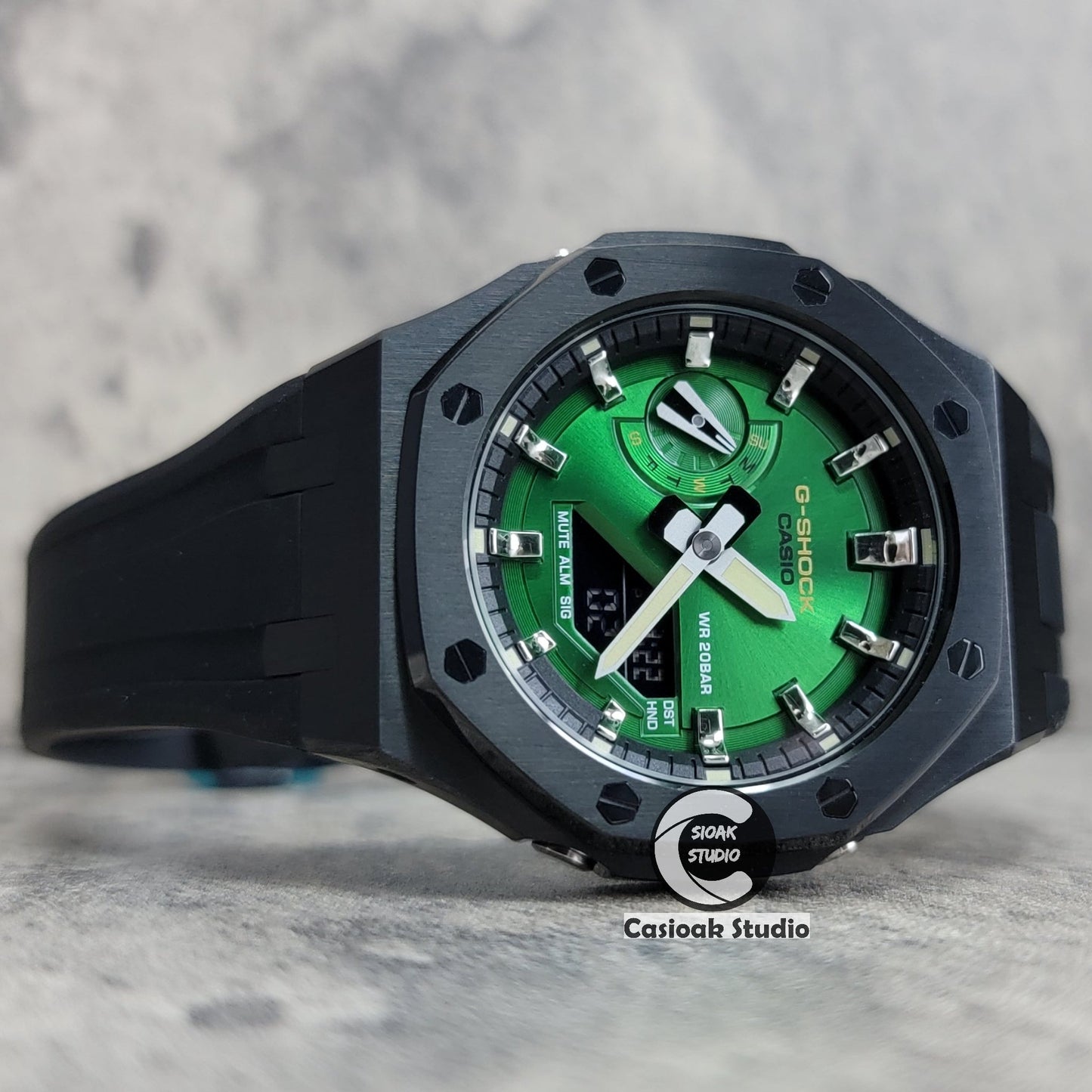 Casioak Mod Watch Black Case Black Rubber Strap Black Silver Time Mark Green Dial 44mm- Casioak Mod Casio G-Shock Royal Oak Custom Mens Luxury Watches Ga2100