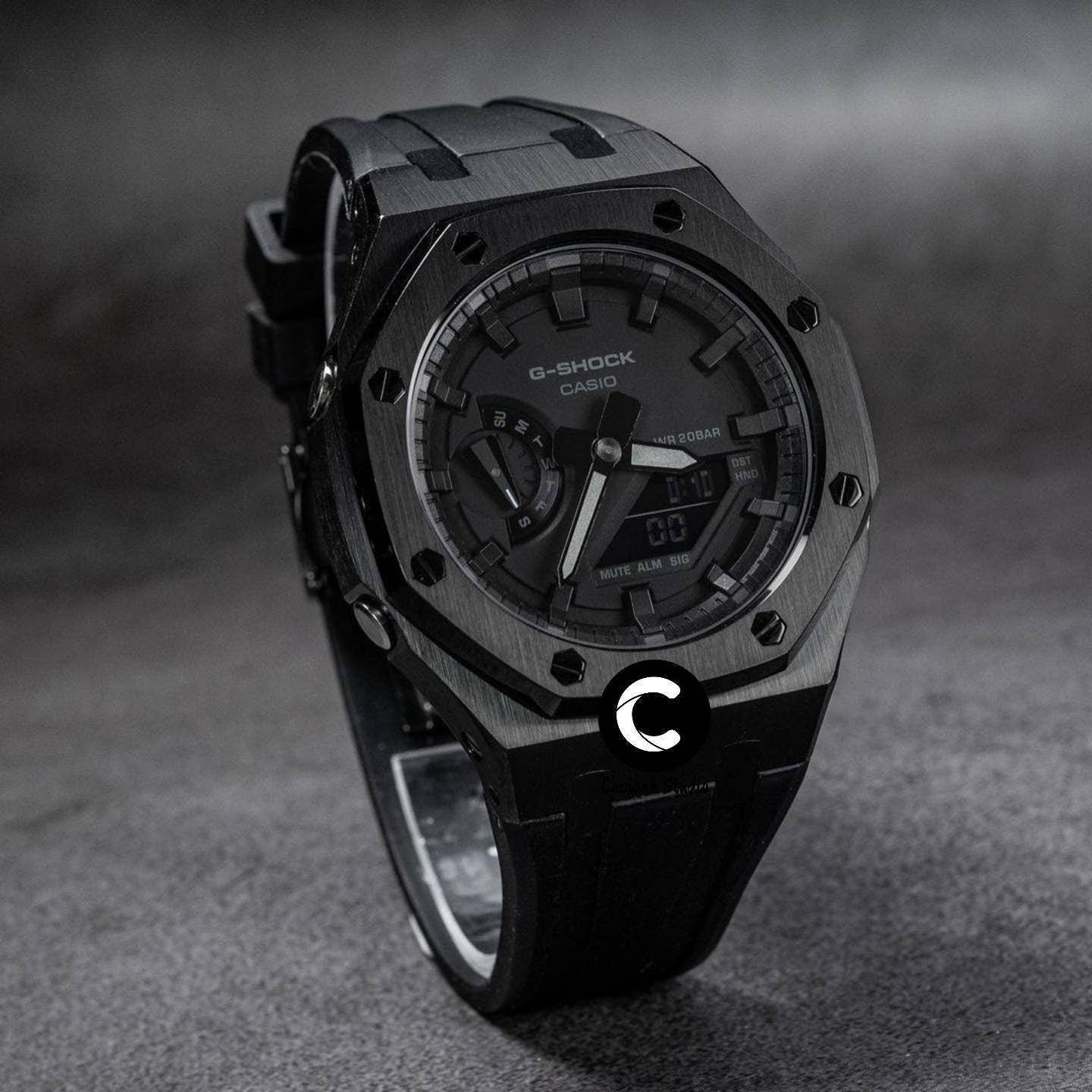 Casioak Mod Watch Black Case Black Rubber Strap Black Time Mark Black Dial 44mm- Casioak Mod Casio G-Shock Royal Oak Custom Mens Luxury Watches Ga2100