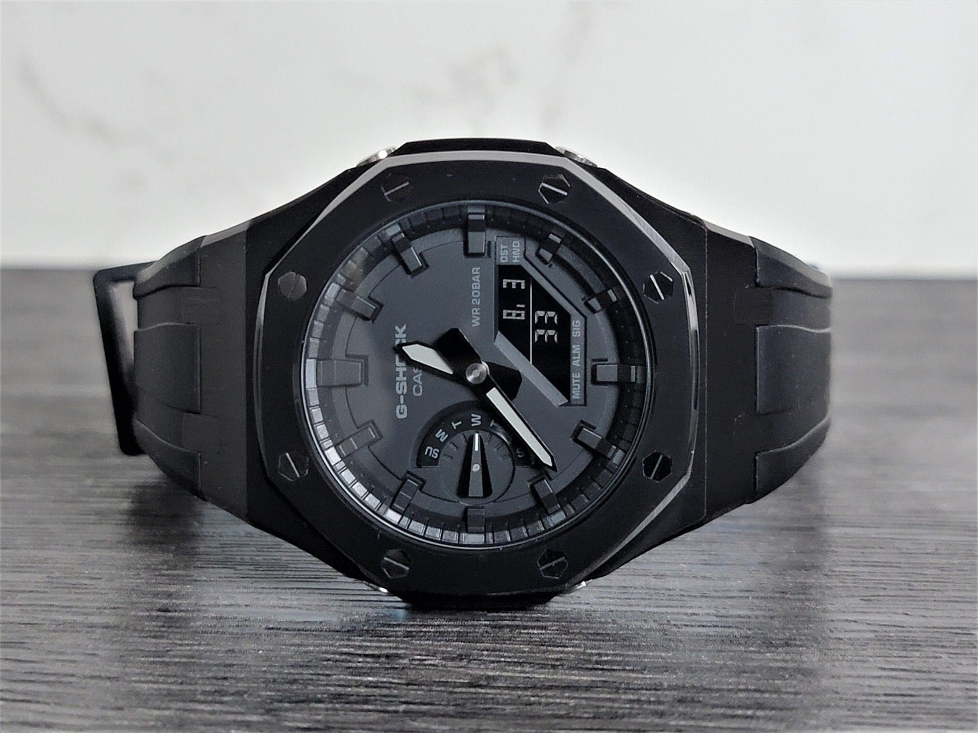 Casioak Mod Watch Black Case Black Rubber Strap Black Time Mark Black Dial 44mm- Casioak Mod Casio G-Shock Royal Oak Custom Mens Luxury Watches Ga2100