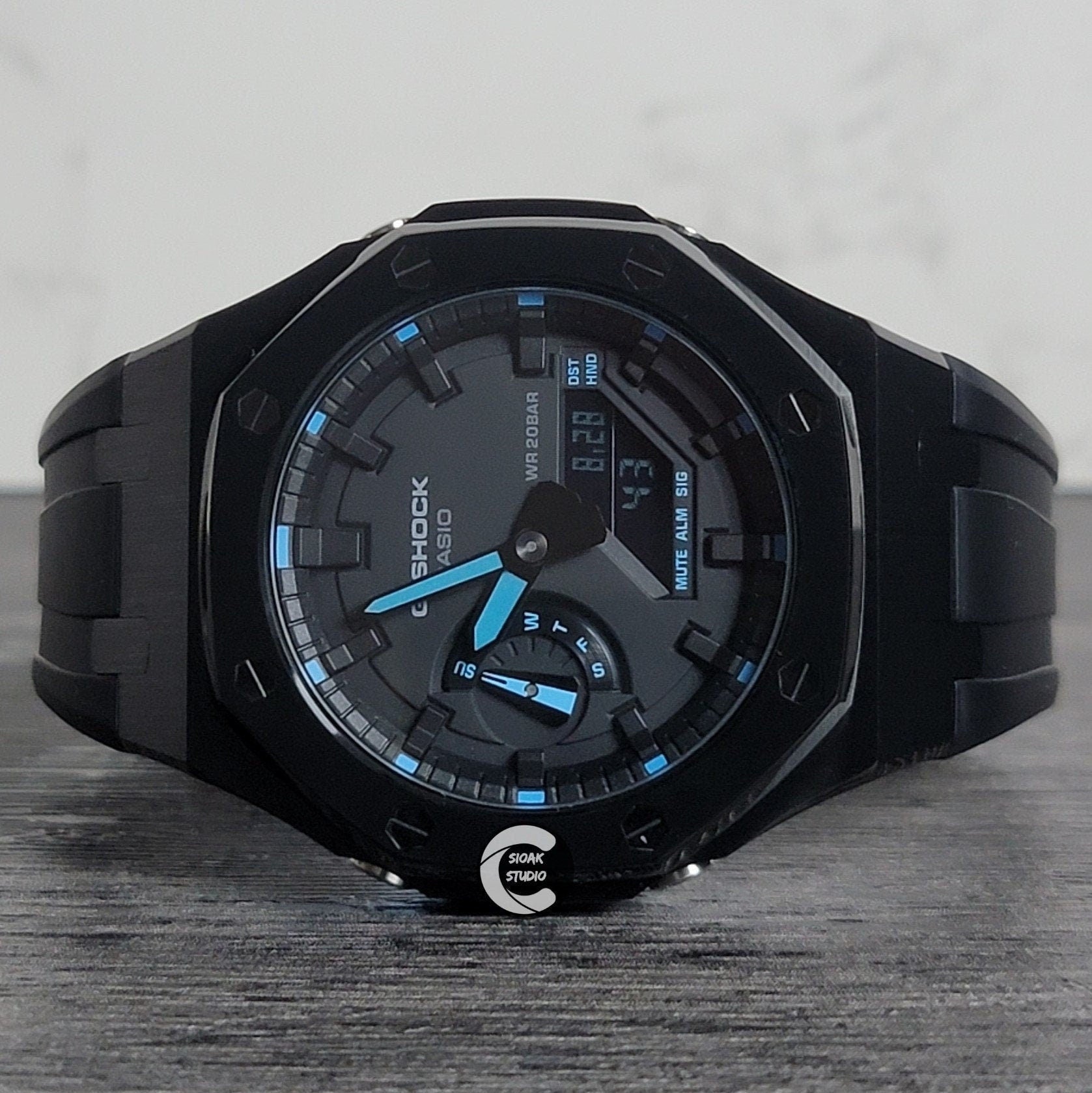 Casioak Mod Watch Black Case Black Rubber Strap Black Time Mark Black Dial Blue 44mm- Casioak Mod Casio G-Shock Royal Oak Custom Mens Luxury Watches Ga2100