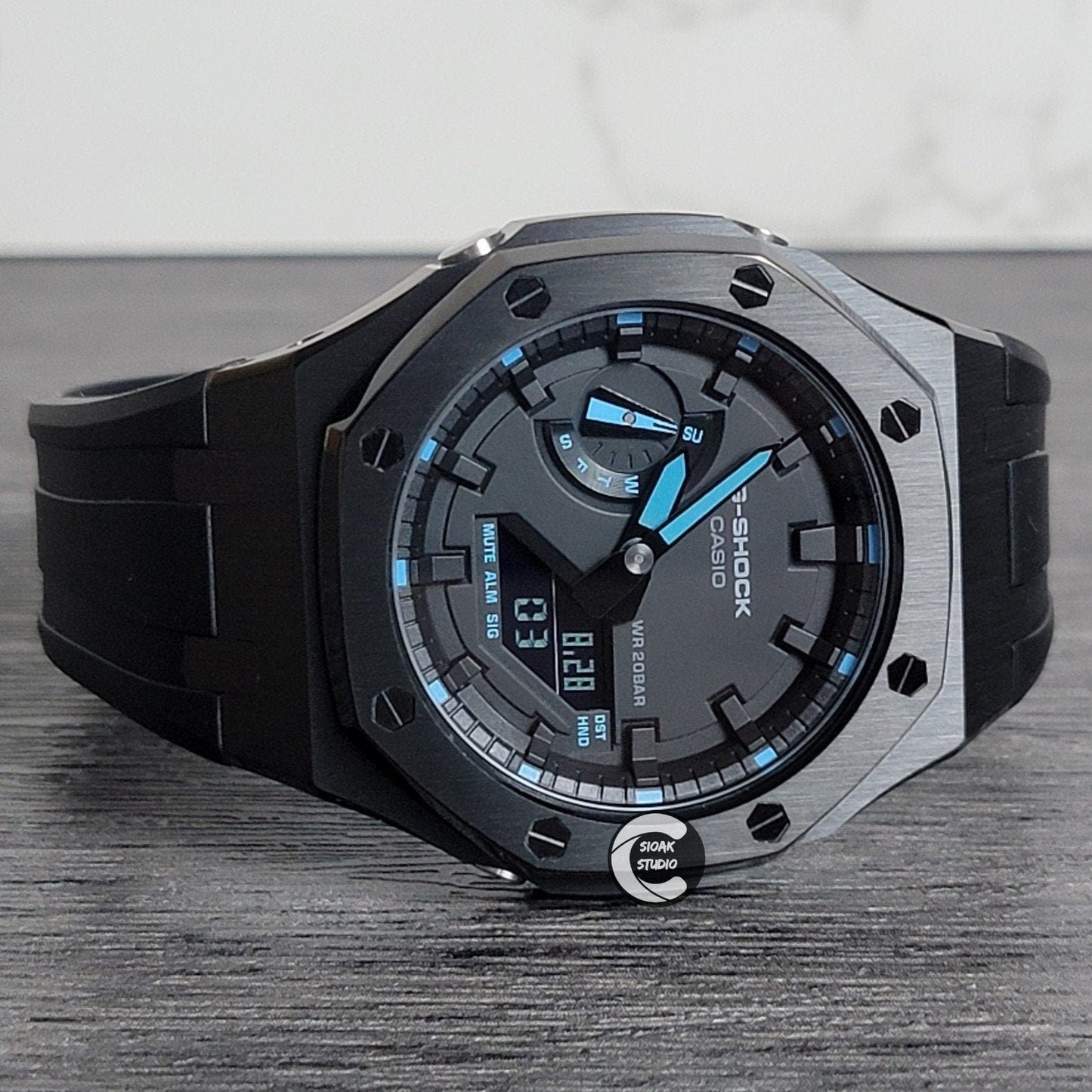 Casioak Mod Watch Black Case Black Rubber Strap Black Time Mark Black Dial Blue 44mm- Casioak Mod Casio G-Shock Royal Oak Custom Mens Luxury Watches Ga2100