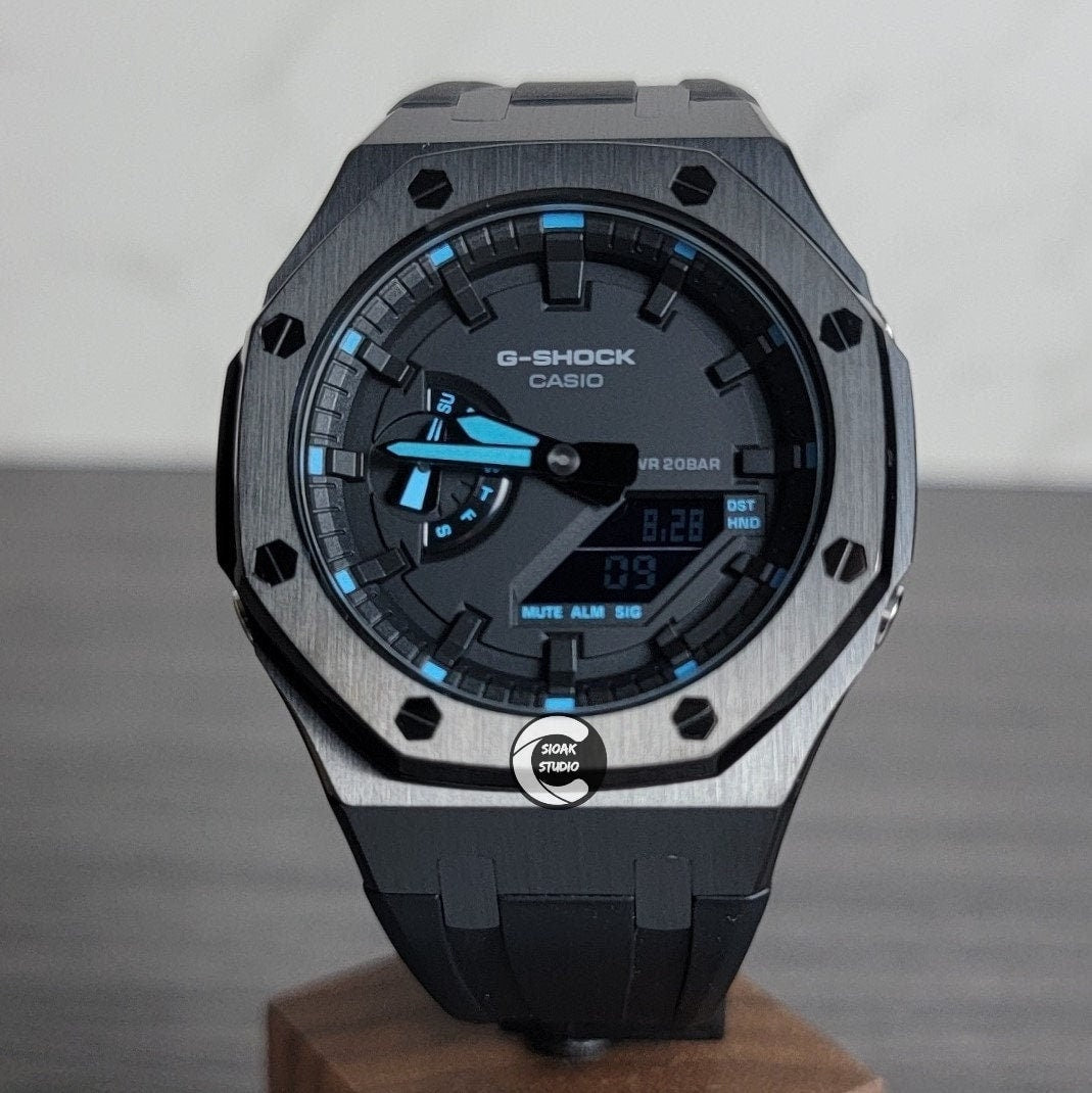 Casioak Mod Watch Black Case Black Rubber Strap Black Time Mark Black Dial Blue 44mm- Casioak Mod Casio G-Shock Royal Oak Custom Mens Luxury Watches Ga2100