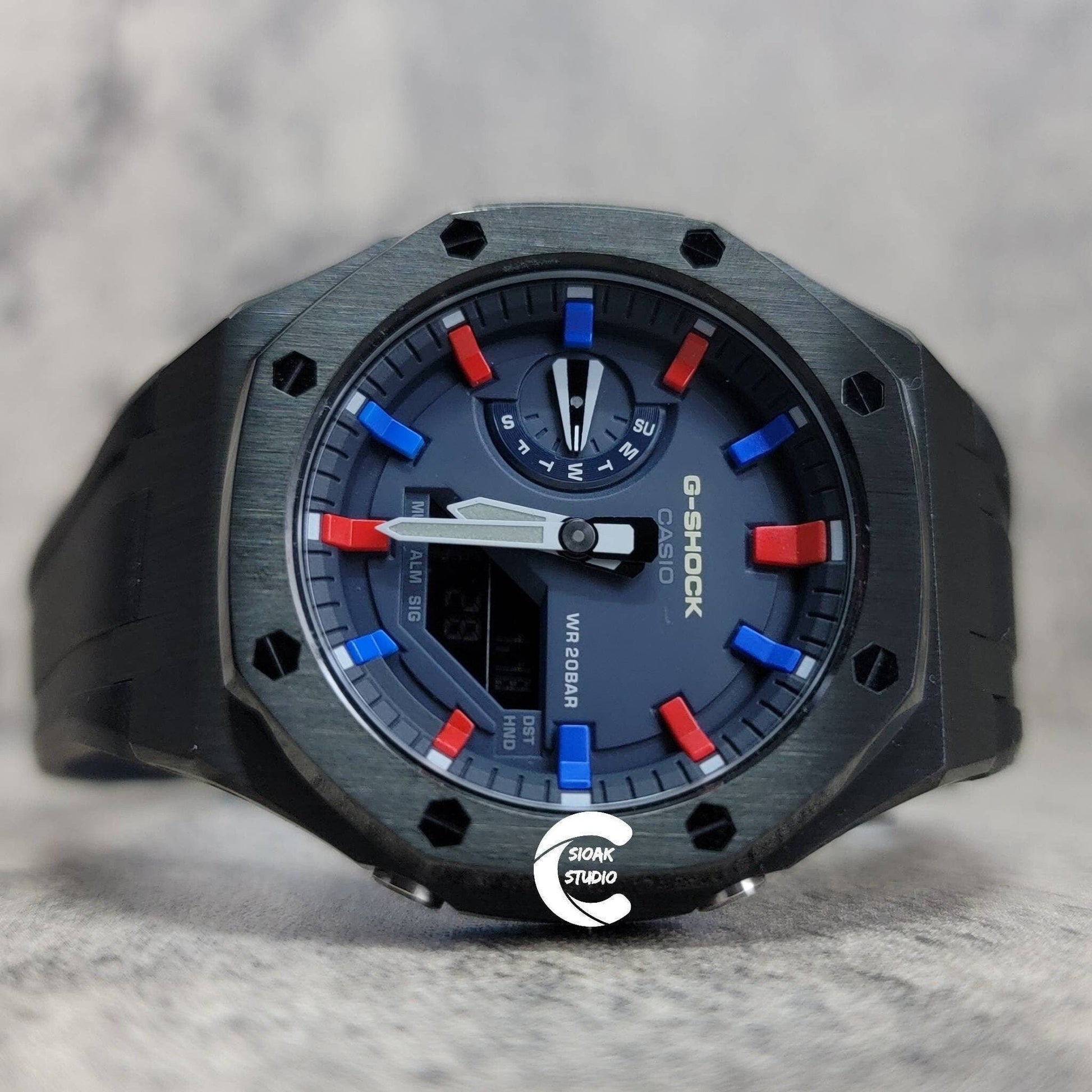 Casioak Mod Watch Black Case Black Rubber Strap Blue Red Time Mark Blue Dial 44mm- Casioak Mod Casio G-Shock Royal Oak Custom Mens Luxury Watches Ga2100