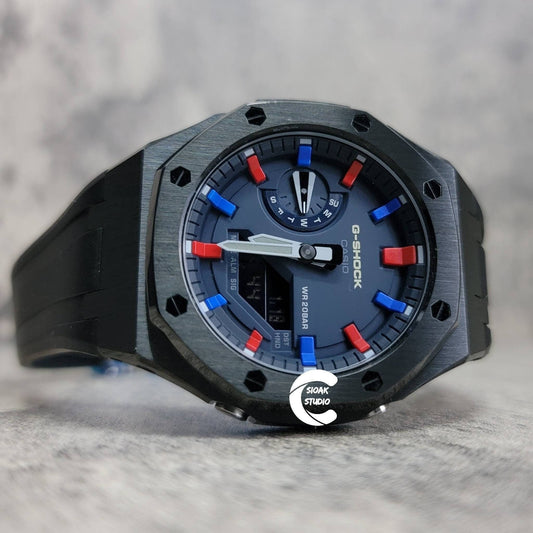 Casioak Mod Watch Black Case Black Rubber Strap Blue Red Time Mark Blue Dial 44mm- Casioak Mod Casio G-Shock Royal Oak Custom Mens Luxury Watches Ga2100