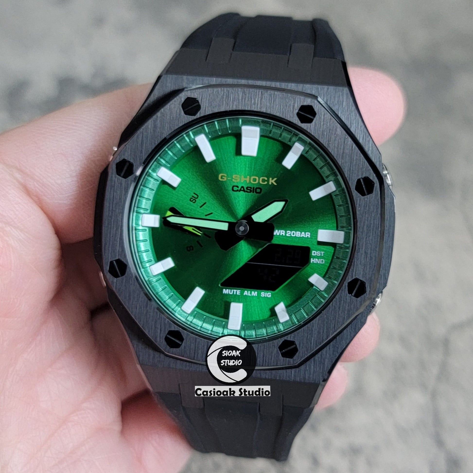 Casioak Mod Watch Black Case Black Rubber Strap Green White Time Mark Green Dial 44mm- Casioak Mod Casio G-Shock Royal Oak Custom Mens Luxury Watches Ga2100