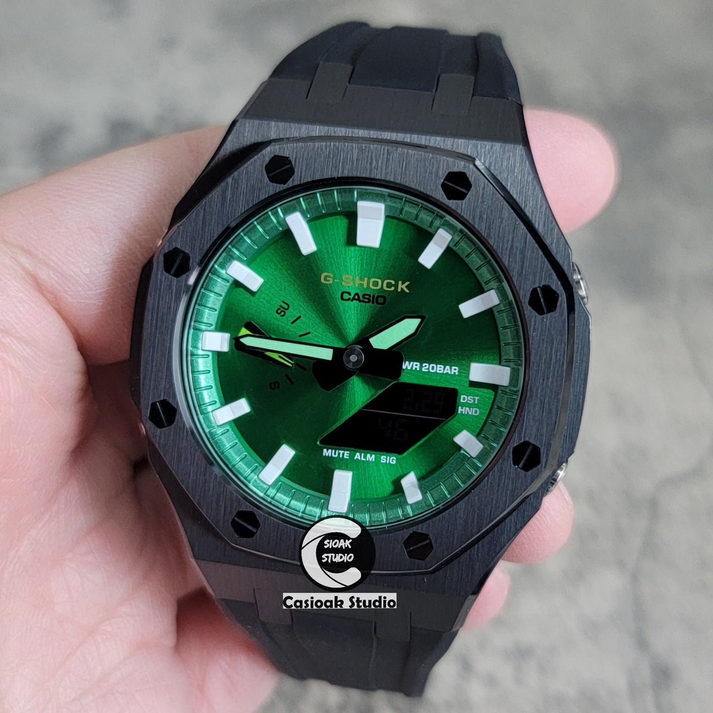 Casioak Mod Watch Black Case Black Rubber Strap Green White Time Mark Green Dial 44mm- Casioak Mod Casio G-Shock Royal Oak Custom Mens Luxury Watches Ga2100