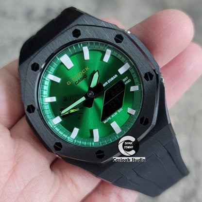 Casioak Mod Watch Black Case Black Rubber Strap Green White Time Mark Green Dial 44mm- Casioak Mod Casio G-Shock Royal Oak Custom Mens Luxury Watches Ga2100