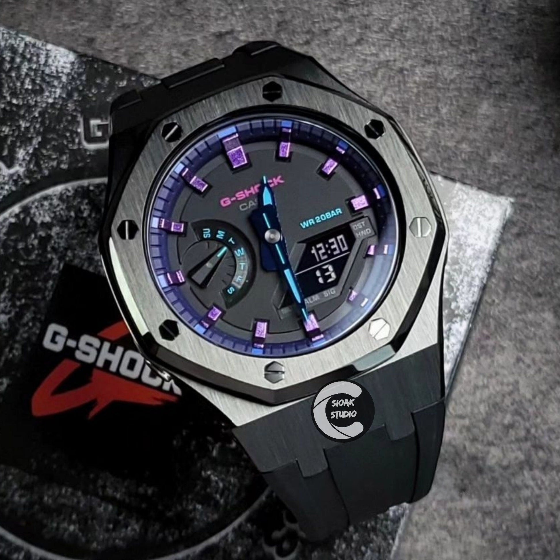 Casioak Mod Watch Black Case Black Rubber Strap Purple Black Purple Time Mark Black Dial 44mm- Casioak Mod Casio G-Shock Royal Oak Custom Mens Luxury Watches Ga2100