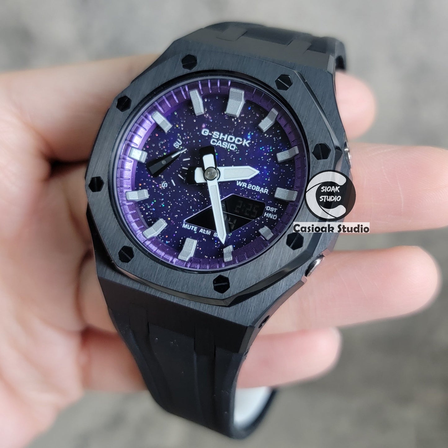 Casioak Mod Watch Black Case Black Rubber Strap Purple Silver Time Mark Purple Dial 44mm- Casioak Mod Casio G-Shock Royal Oak Custom Mens Luxury Watches Ga2100