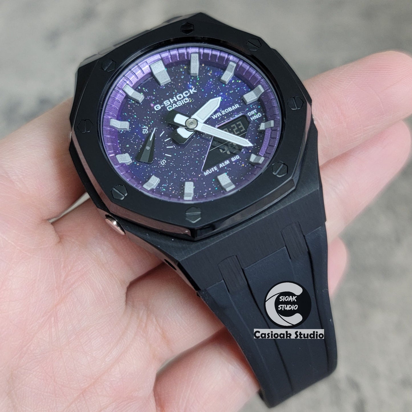 Casioak Mod Watch Black Case Black Rubber Strap Purple Silver Time Mark Purple Dial 44mm- Casioak Mod Casio G-Shock Royal Oak Custom Mens Luxury Watches Ga2100