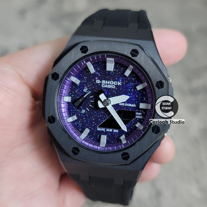 Casioak Mod Watch Black Case Black Rubber Strap Purple Silver Time Mark Purple Dial 44mm- Casioak Mod Casio G-Shock Royal Oak Custom Mens Luxury Watches Ga2100