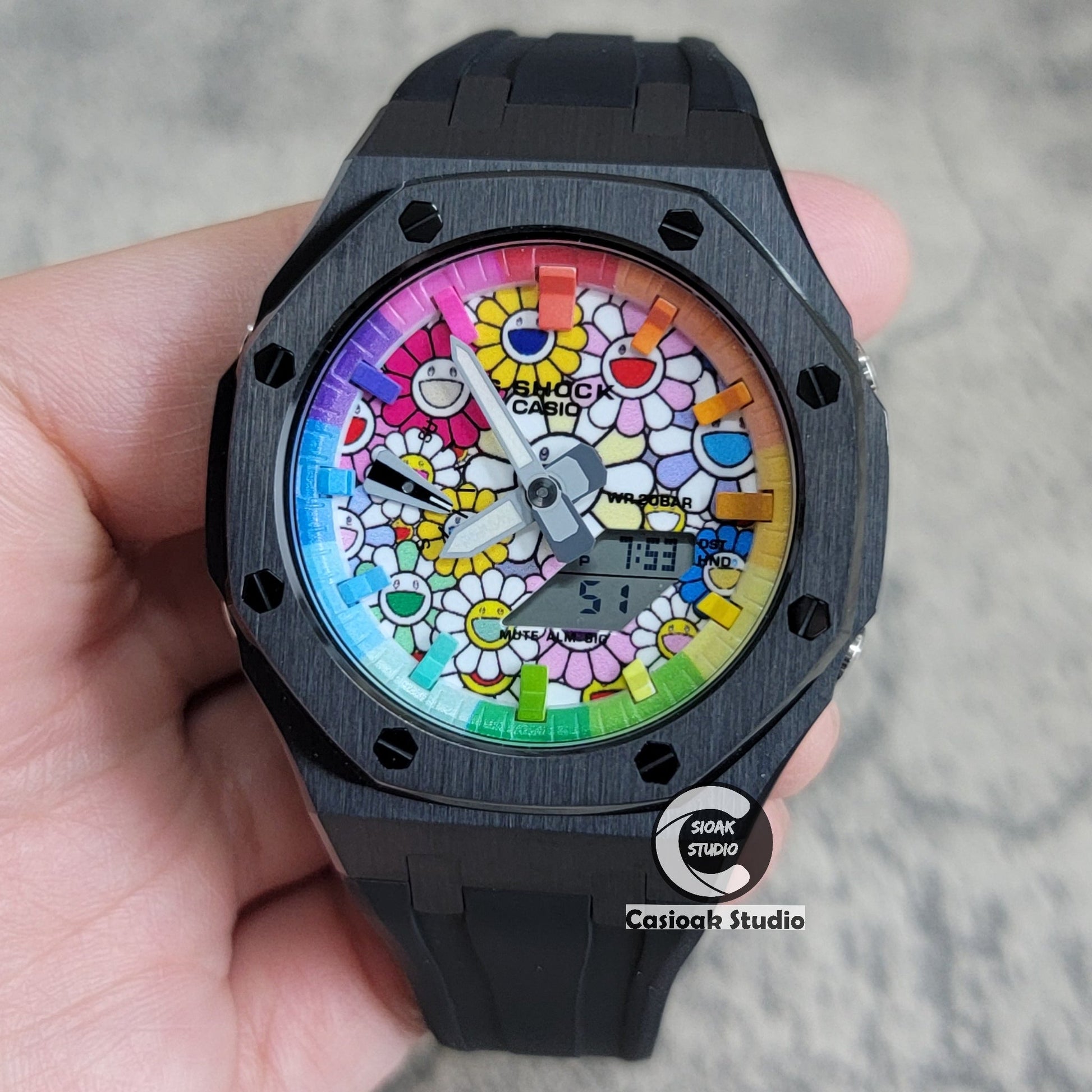 Casioak Mod Watch Black Case Black Rubber Strap Rainbow Time Mark TAKASHI MURAKAM Dial 44mm- Casioak Mod Casio G-Shock Royal Oak Custom Mens Luxury Watches Ga2100