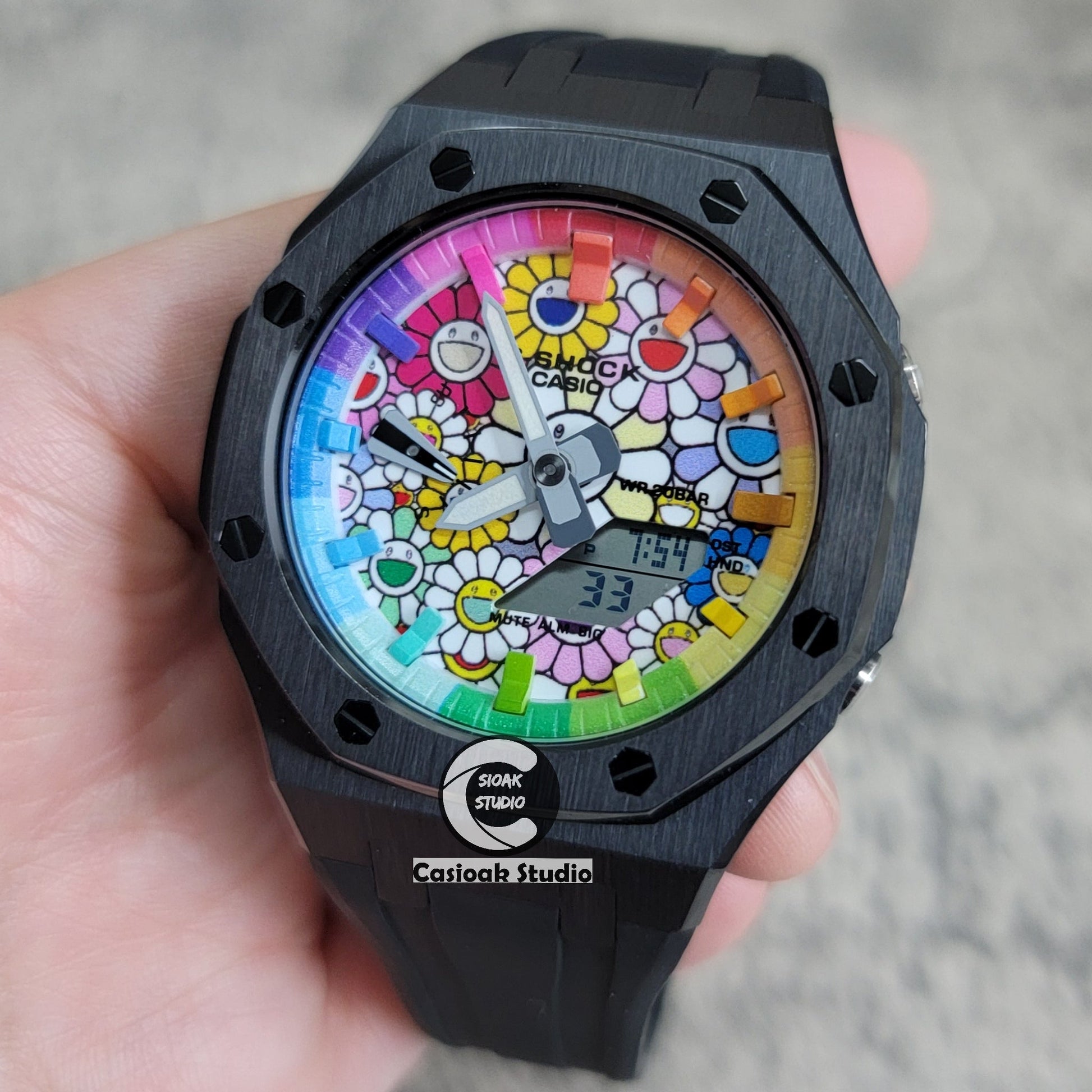 Casioak Mod Watch Black Case Black Rubber Strap Rainbow Time Mark TAKASHI MURAKAM Dial 44mm- Casioak Mod Casio G-Shock Royal Oak Custom Mens Luxury Watches Ga2100