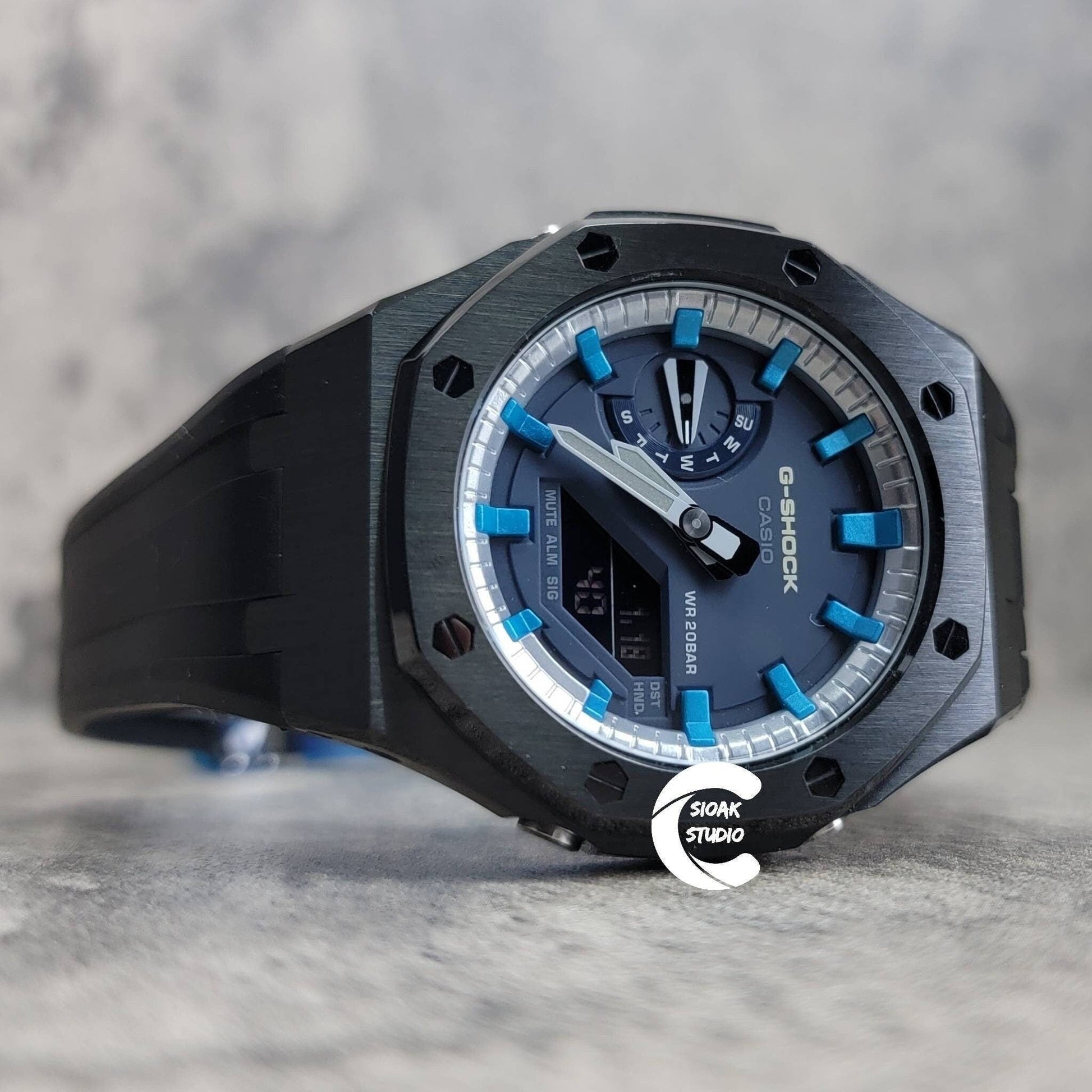 Casioak Mod Watch Black Case Black Rubber Strap Silver Blue Time Mark Blue Dial 44mm- Casioak Mod Casio G-Shock Royal Oak Custom Mens Luxury Watches Ga2100