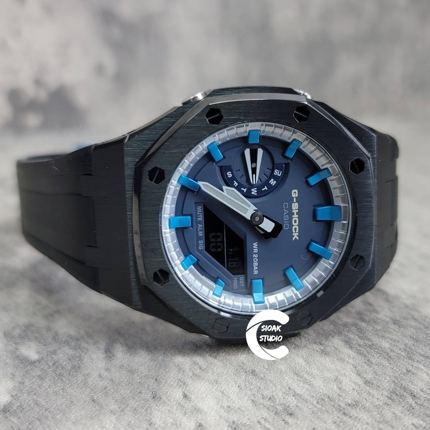 Casioak Mod Watch Black Case Black Rubber Strap Silver Blue Time Mark Blue Dial 44mm- Casioak Mod Casio G-Shock Royal Oak Custom Mens Luxury Watches Ga2100