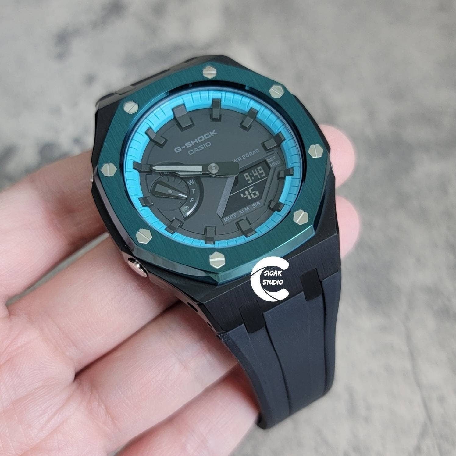 Casioak Mod Watch Black Case Black Rubber Strap Tiff Black Time Mark Black Dial 44mm- Casioak Mod Casio G-Shock Royal Oak Custom Mens Luxury Watches Ga2100