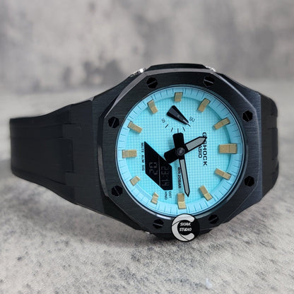 Casioak Mod Watch Black Case Black Rubber Strap Tiff Gold Time Mark Tiff Blue Dial 44mm- Casioak Mod Casio G-Shock Royal Oak Custom Mens Luxury Watches Ga2100