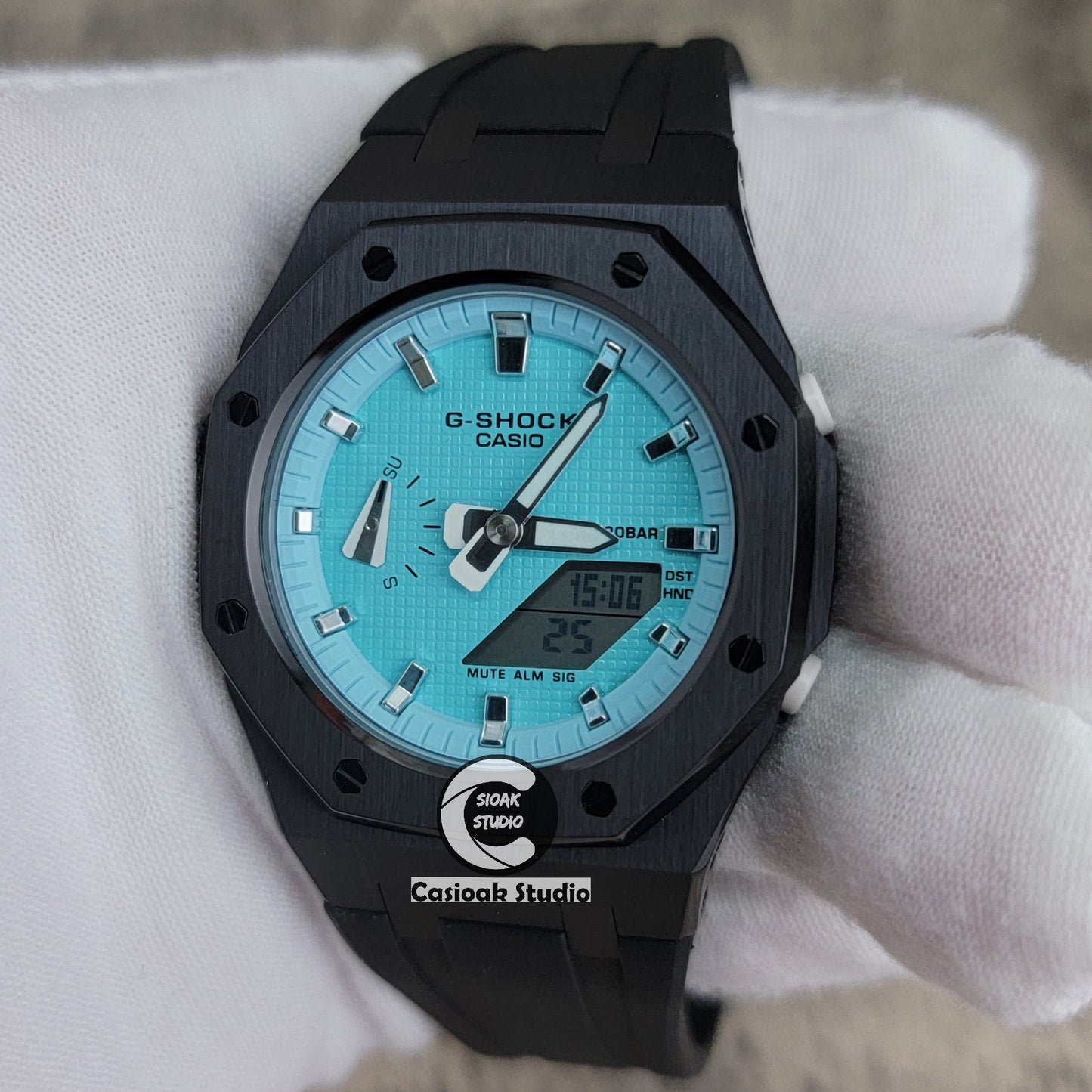 Casioak Mod Watch Black Case Black Rubber Strap Tiff Silver Time Mark Tiff Blue Dial 42mm- Casioak Mod Casio G-Shock Royal Oak Custom Mens Luxury Watches Ga2100