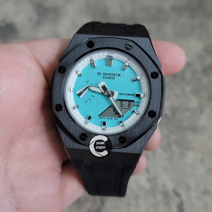 Casioak Mod Watch Black Case Black Rubber Strap White Silver Time Mark Tiff Blue Dial 42mm- Casioak Mod Casio G-Shock Royal Oak Custom Mens Luxury Watches Ga2100