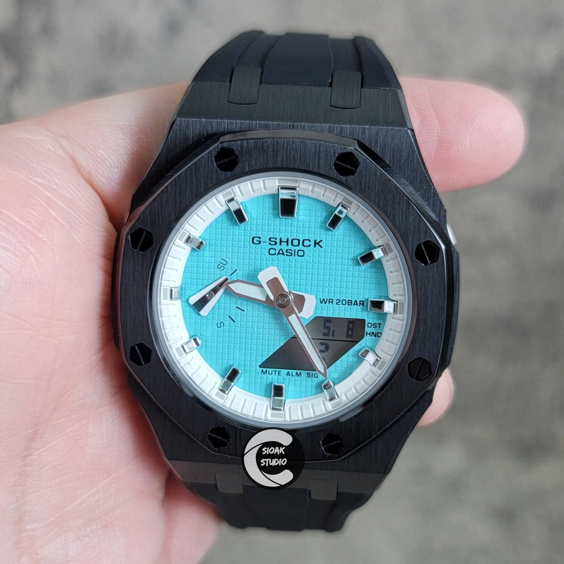 Casioak Mod Watch Black Case Black Rubber Strap White Silver Time Mark Tiff Blue Dial 42mm- Casioak Mod Casio G-Shock Royal Oak Custom Mens Luxury Watches Ga2100