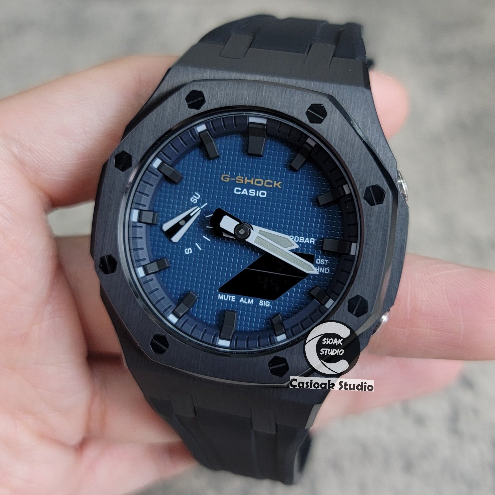 Casioak Mod Watch Black Case Black Strap Blue Black Time Mark Blue Waffle Dial 44mm- Casioak Mod Casio G-Shock Royal Oak Custom Mens Luxury Watches Ga2100