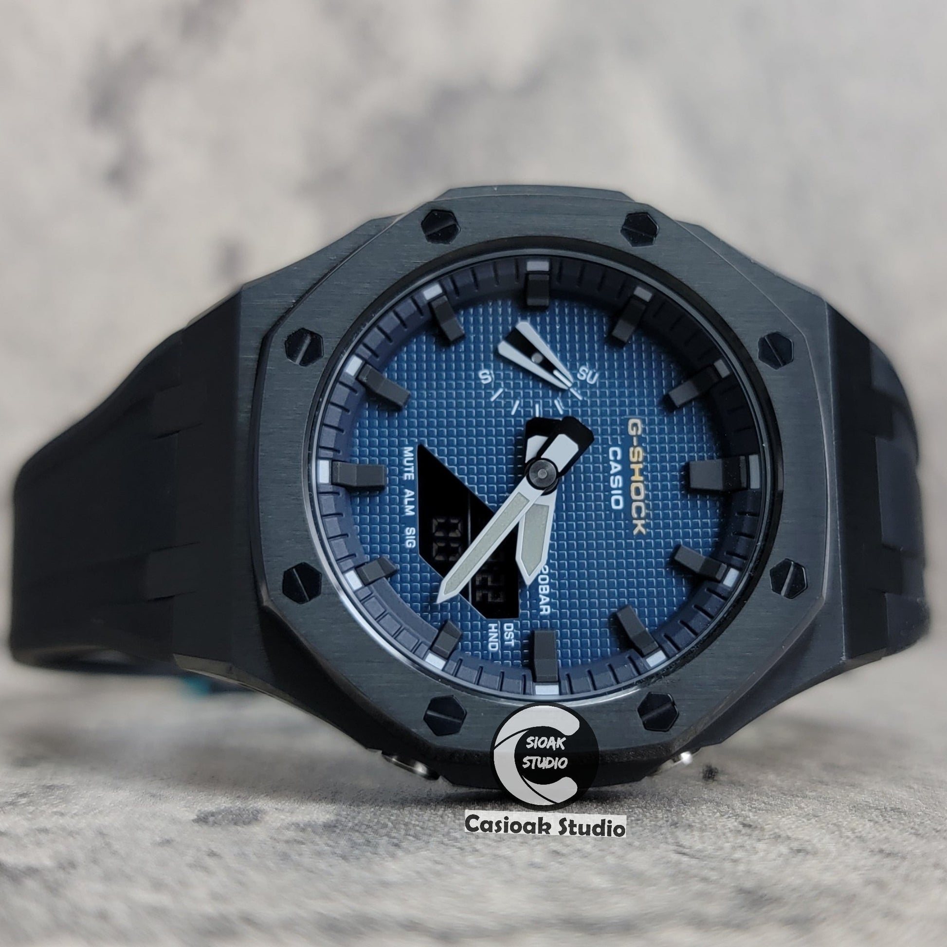 Casioak Mod Watch Black Case Black Strap Blue Black Time Mark Blue Waffle Dial 44mm- Casioak Mod Casio G-Shock Royal Oak Custom Mens Luxury Watches Ga2100