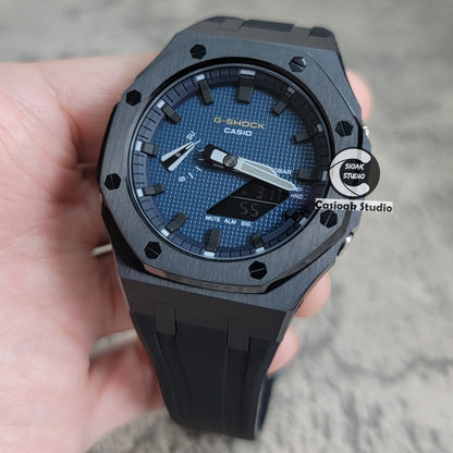 Casioak Mod Watch Black Case Black Strap Blue Black Time Mark Blue Waffle Dial 44mm- Casioak Mod Casio G-Shock Royal Oak Custom Mens Luxury Watches Ga2100