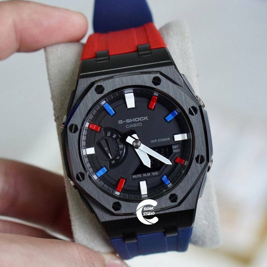 Casioak Mod Watch Black Case Blue Red Rubber Strap Black Rainbow Time Mark Black Dial 44mm- Casioak Mod Casio G-Shock Royal Oak Custom Mens Luxury Watches Ga2100