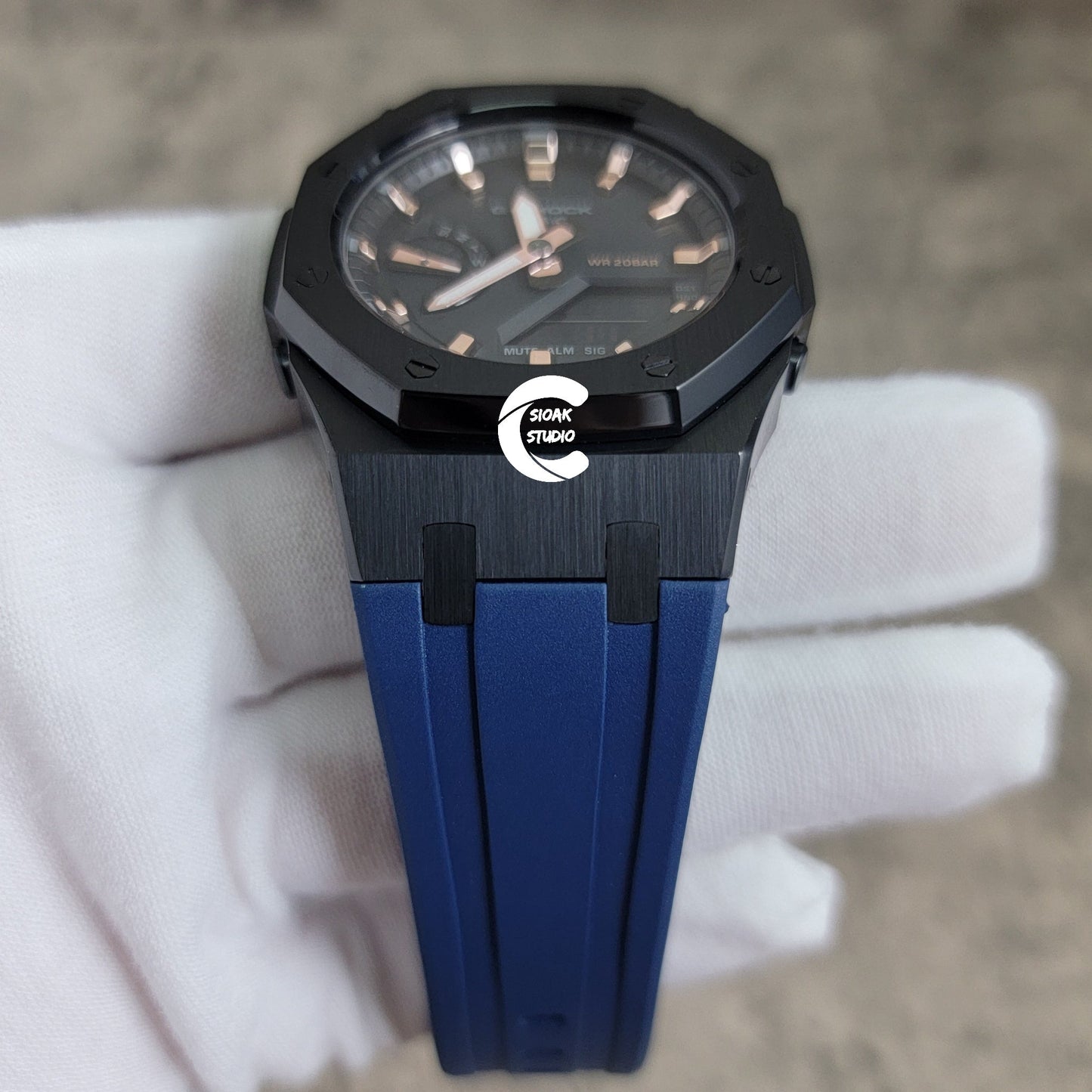 Casioak Mod Watch Black Case Blue Rubber Strap Black Rose Gold Time Mark Black Dial 42mm- Casioak Mod Casio G-Shock Royal Oak Custom Mens Luxury Watches Ga2100