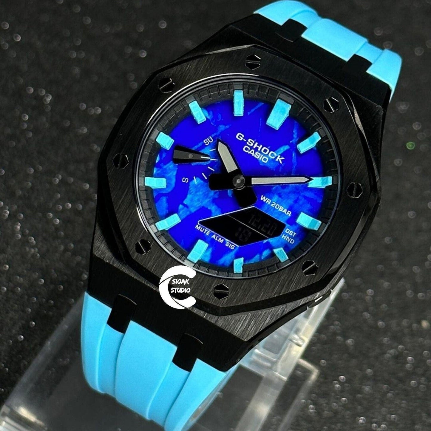 Casioak Mod Watch Black Case Blue Rubber Strap Black Tiff Time Mark Blue Dial 44mm- Casioak Mod Casio G-Shock Royal Oak Custom Mens Luxury Watches Ga2100