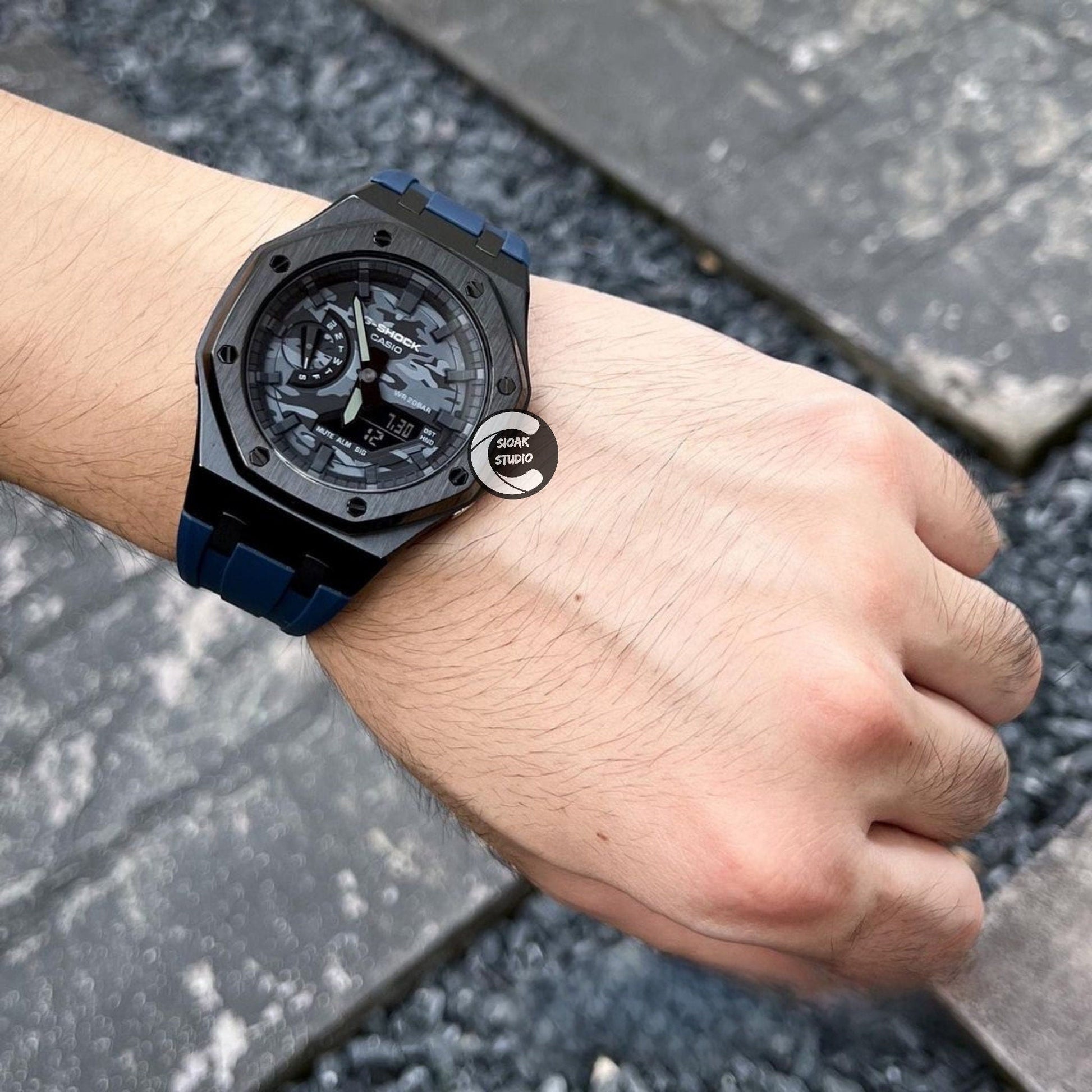 Casioak Mod Watch Black Case Blue Rubber Strap Black Time Mark Camouflage Dial 44mm- Casioak Mod Casio G-Shock Royal Oak Custom Mens Luxury Watches Ga2100