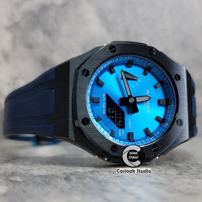 Casioak Mod Watch Black Case Blue Rubber Strap Blue Black Time Mark Blue Dial 44mm- Casioak Mod Casio G-Shock Royal Oak Custom Mens Luxury Watches Ga2100