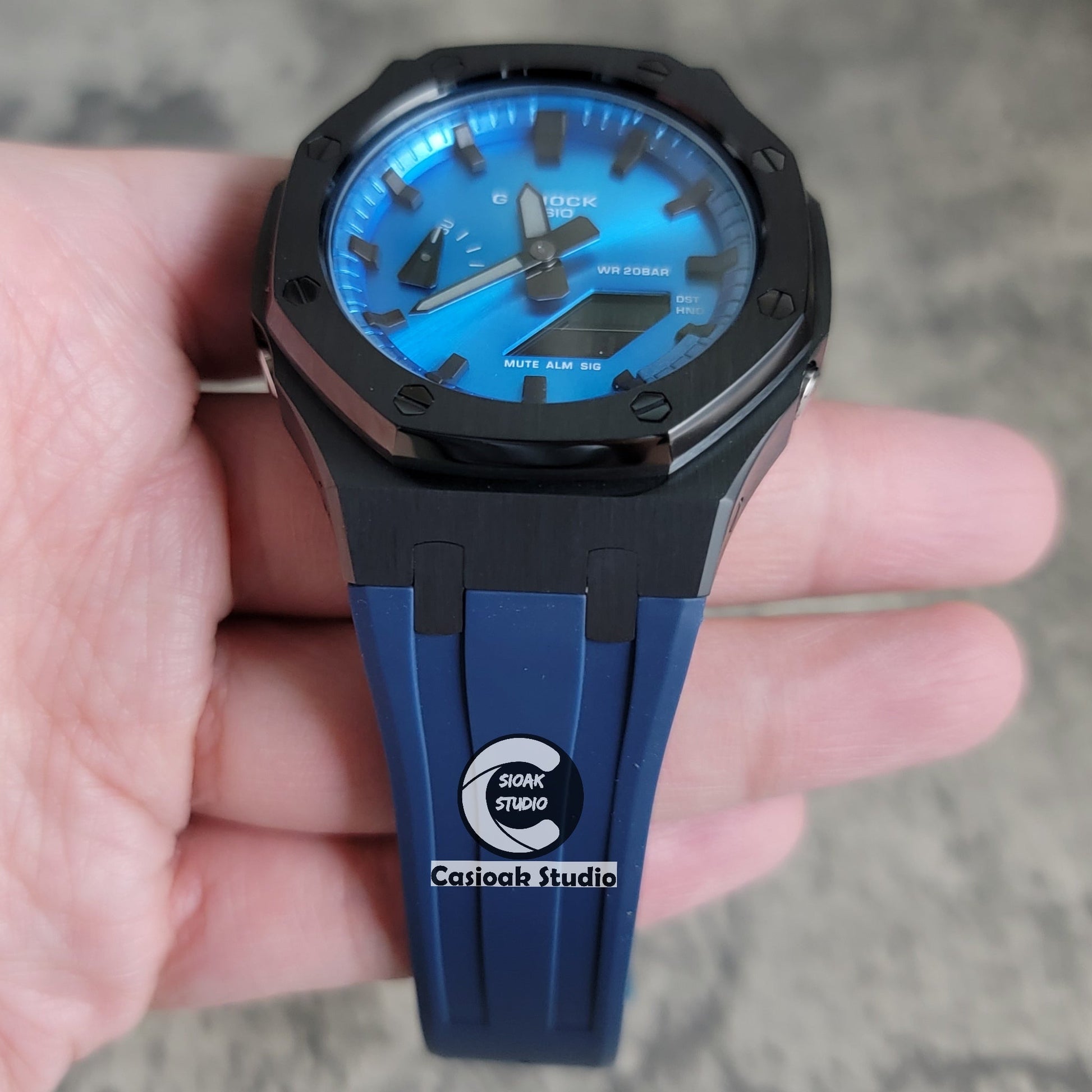 Casioak Mod Watch Black Case Blue Rubber Strap Blue Black Time Mark Blue Dial 44mm- Casioak Mod Casio G-Shock Royal Oak Custom Mens Luxury Watches Ga2100