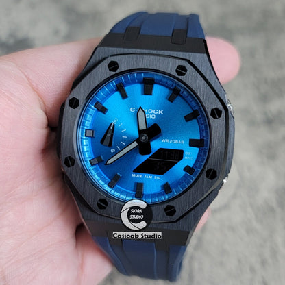 Casioak Mod Watch Black Case Blue Rubber Strap Blue Black Time Mark Blue Dial 44mm- Casioak Mod Casio G-Shock Royal Oak Custom Mens Luxury Watches Ga2100