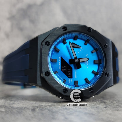 Casioak Mod Watch Black Case Blue Rubber Strap Blue Black Time Mark Blue Dial 44mm- Casioak Mod Casio G-Shock Royal Oak Custom Mens Luxury Watches Ga2100