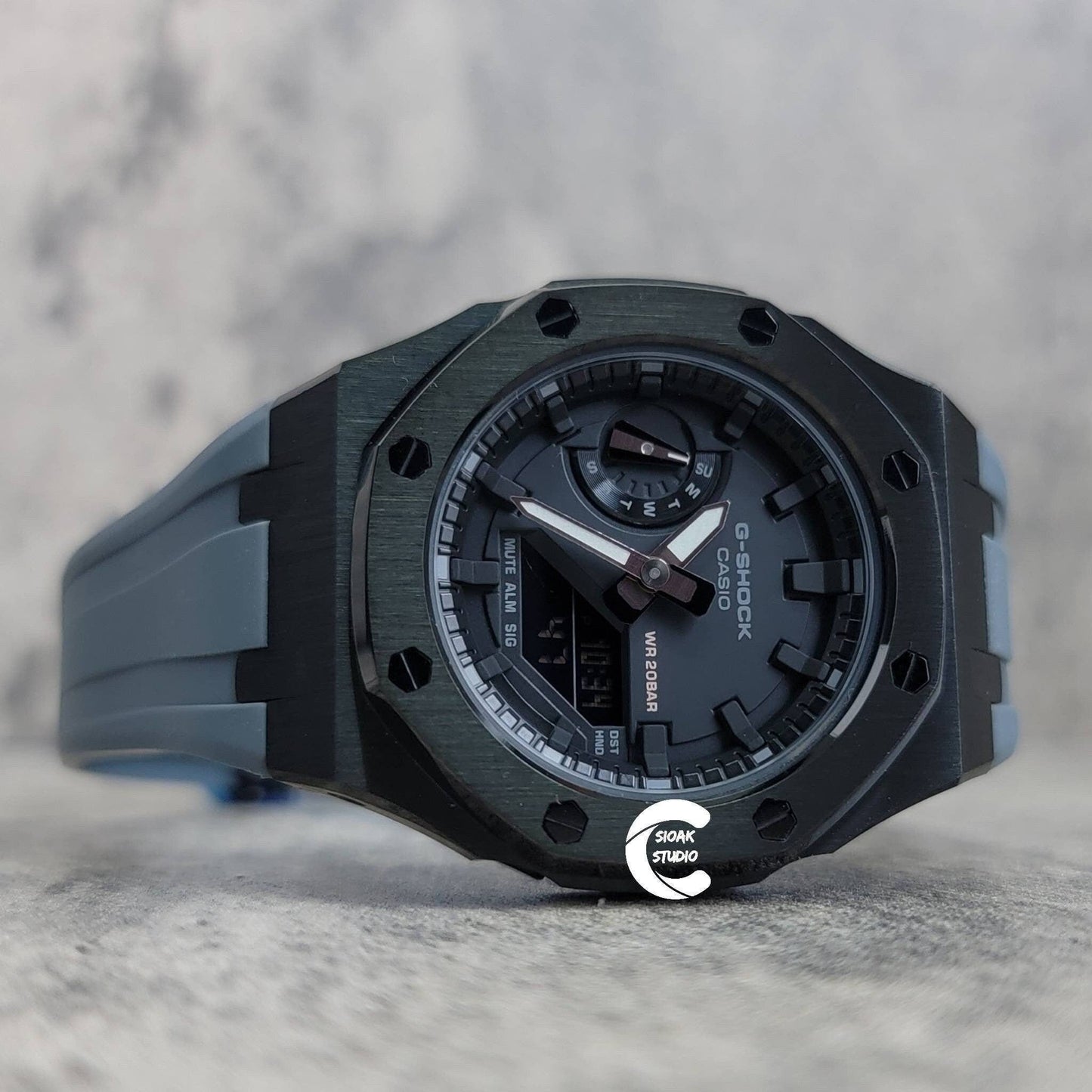 Casioak Mod Watch Black Case Gray Rubber Strap Black Time Mark Black Dial 42mm- Casioak Mod Casio G-Shock Royal Oak Custom Mens Luxury Watches Ga2100