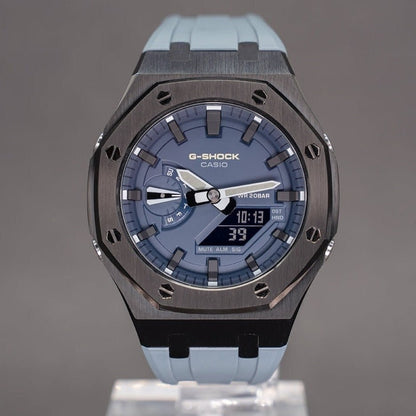 Casioak Mod Watch Black Case Gray Rubber Strap Blue Black Time Mark Blue Dial 44mm- Casioak Mod Casio G-Shock Royal Oak Custom Mens Luxury Watches Ga2100