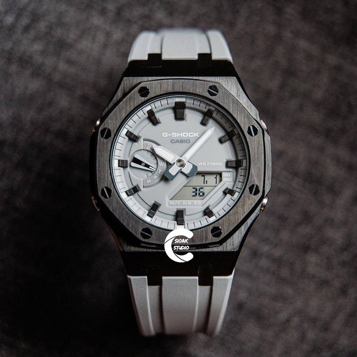 Casioak Mod Watch Black Case Gray Rubber Strap Gray Black Time Mark Gray Dial 44mm- Casioak Mod Casio G-Shock Royal Oak Custom Mens Luxury Watches Ga2100