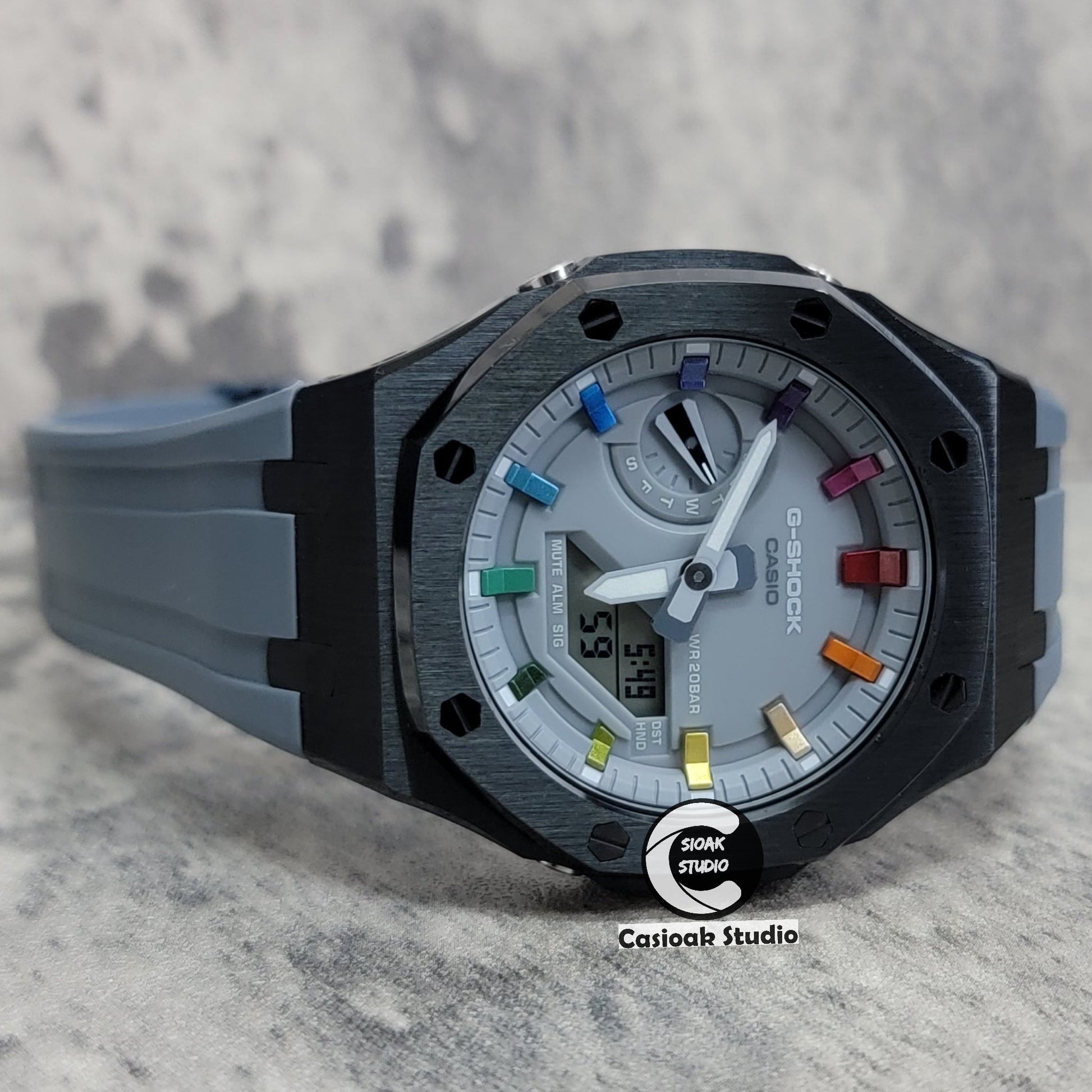 Casioak Mod Watch Black Case Gray Rubber Strap Gray Rainbow Time Mark Gray Dial 44mm- Casioak Mod Casio G-Shock Royal Oak Custom Mens Luxury Watches Ga2100