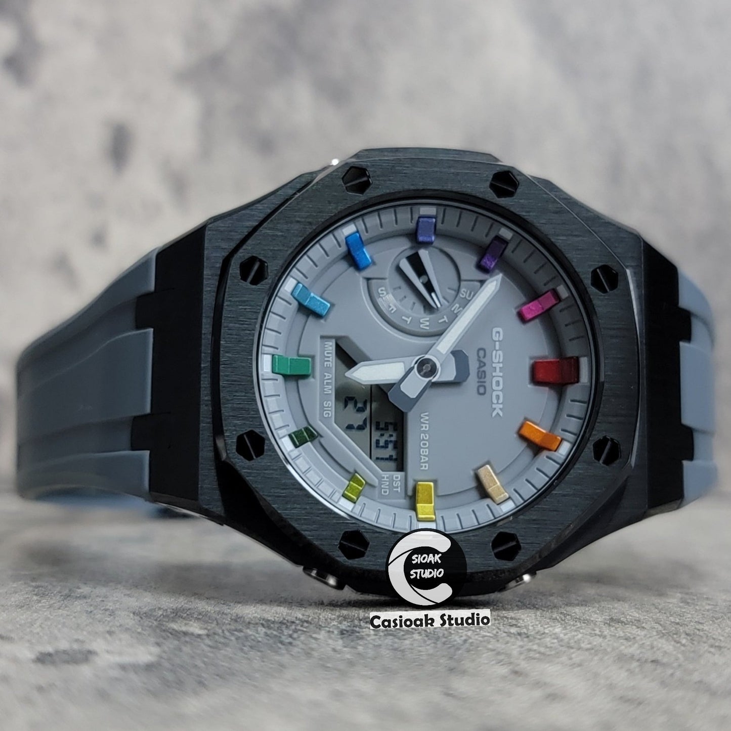 Casioak Mod Watch Black Case Gray Rubber Strap Gray Rainbow Time Mark Gray Dial 44mm- Casioak Mod Casio G-Shock Royal Oak Custom Mens Luxury Watches Ga2100