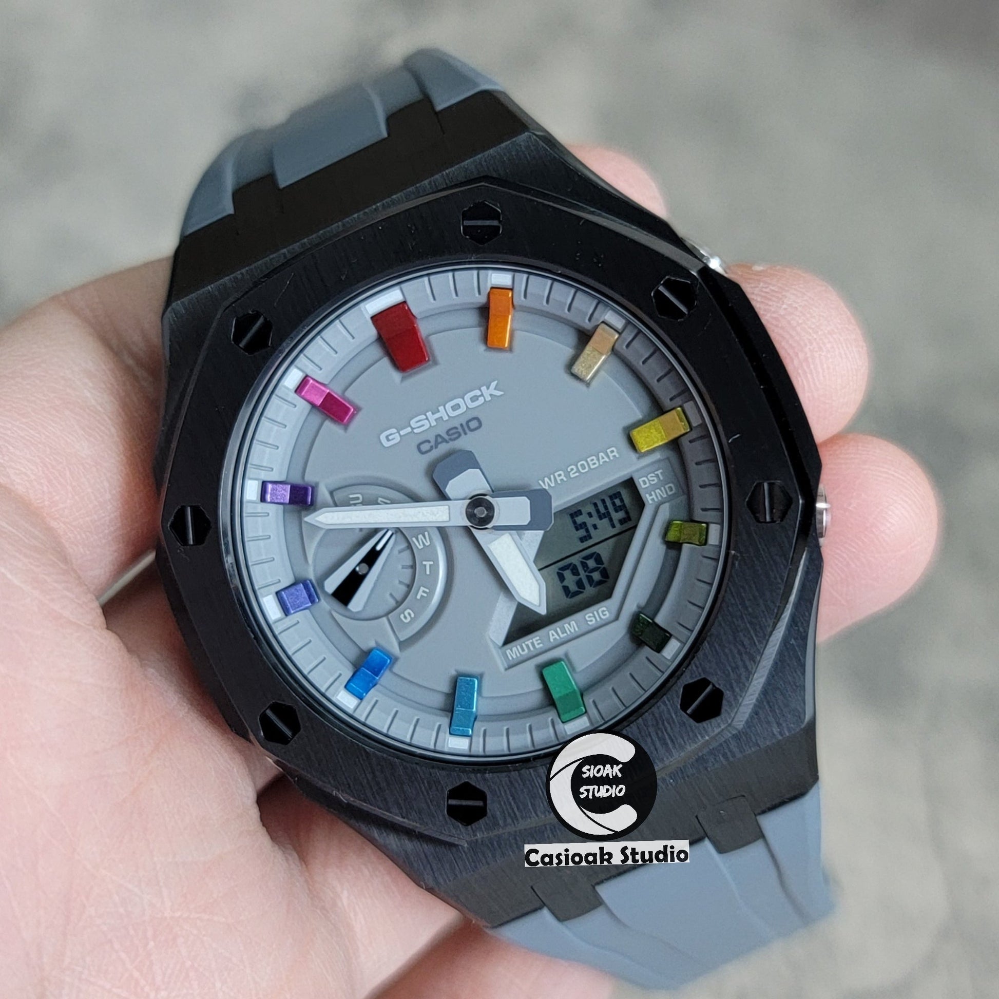 Casioak Mod Watch Black Case Gray Rubber Strap Gray Rainbow Time Mark Gray Dial 44mm- Casioak Mod Casio G-Shock Royal Oak Custom Mens Luxury Watches Ga2100