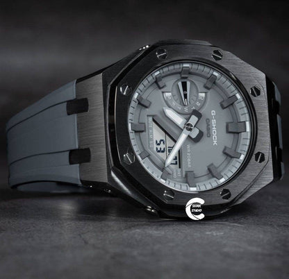 Casioak Mod Watch Black Case Gray Rubber Strap Gray Time Mark Gray Dial 44mm- Casioak Mod Casio G-Shock Royal Oak Custom Mens Luxury Watches Ga2100